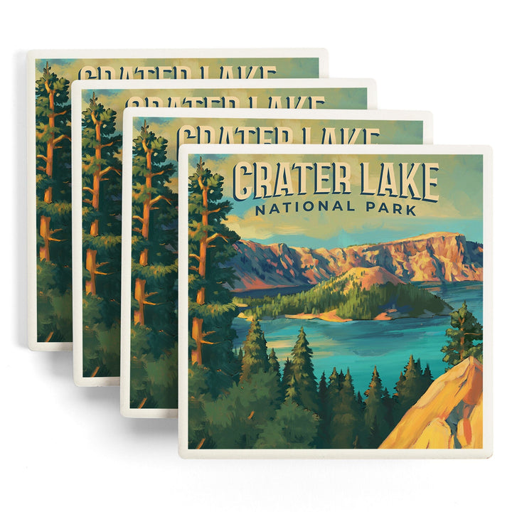 Crater Lake National Park, Oregon, Oil Painting National Park Series, Coasters Coasters Lantern Press 