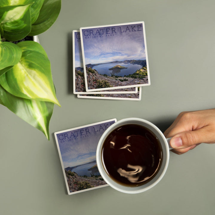 Crater Lake National Park, Oregon, Panoramic View, Lantern Press Photography, Coaster Set - Lantern Press