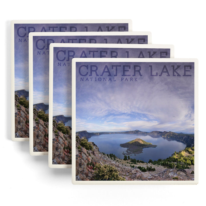 Crater Lake National Park, Oregon, Panoramic View, Lantern Press Photography, Coaster Set - Lantern Press