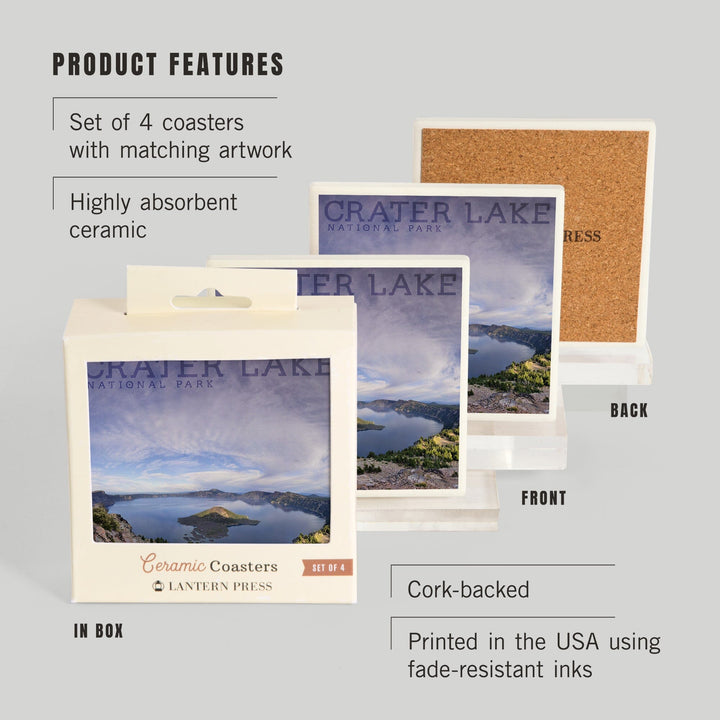 Crater Lake National Park, Oregon, Panoramic View, Lantern Press Photography, Coaster Set - Lantern Press