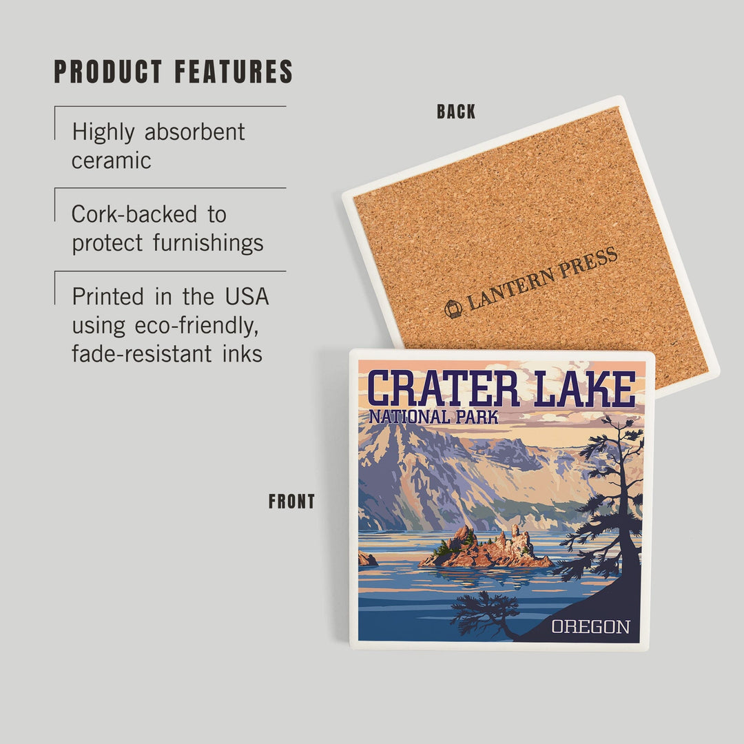 Crater Lake National Park, Oregon, Shoreline and Sunset, Painterly Series, Coasters Coasters Lantern Press 