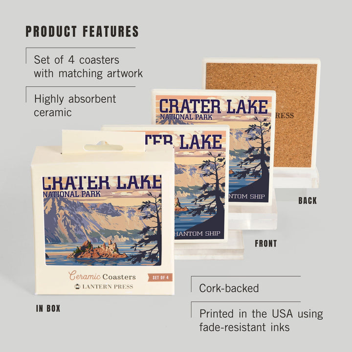 Crater Lake National Park, Oregon, Shoreline and Sunset, Painterly Series, Coasters Coasters Lantern Press 