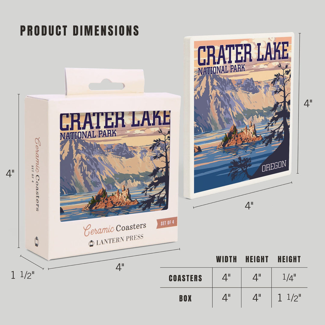 Crater Lake National Park, Oregon, Shoreline and Sunset, Painterly Series, Coasters Coasters Lantern Press 