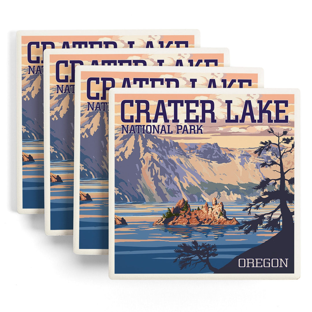 Crater Lake National Park, Oregon, Shoreline and Sunset, Painterly Series, Coasters Coasters Lantern Press 