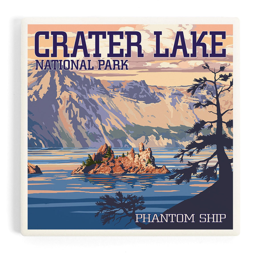 Crater Lake National Park, Oregon, Shoreline and Sunset, Painterly Series, Coasters Coasters Lantern Press 