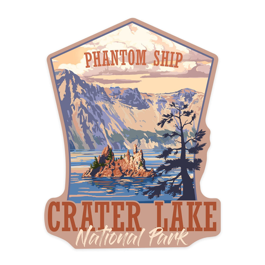 Crater Lake National Park, Oregon, Shoreline and Sunset, Painterly Series, Contour, Lantern Press Artwork, Vinyl Sticker Sticker Lantern Press 