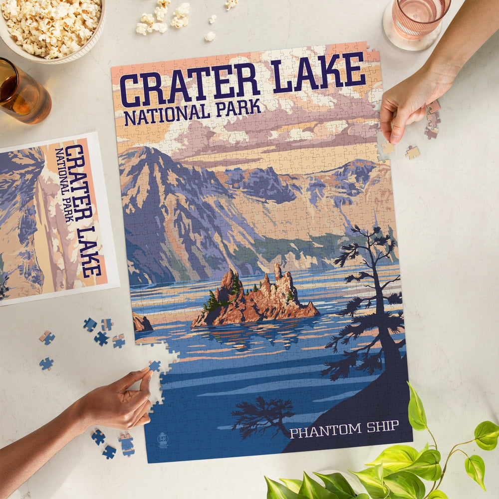 Crater Lake National Park, Oregon, Shoreline and Sunset, Painterly Series, Jigsaw Puzzle Puzzle Lantern Press 
