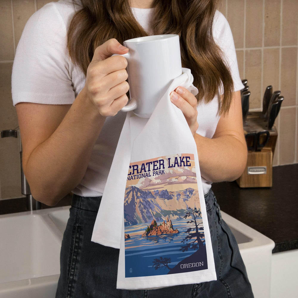 Crater Lake National Park, Oregon, Shoreline and Sunset, Painterly Series, Organic Cotton Kitchen Tea Towels Kitchen Lantern Press 