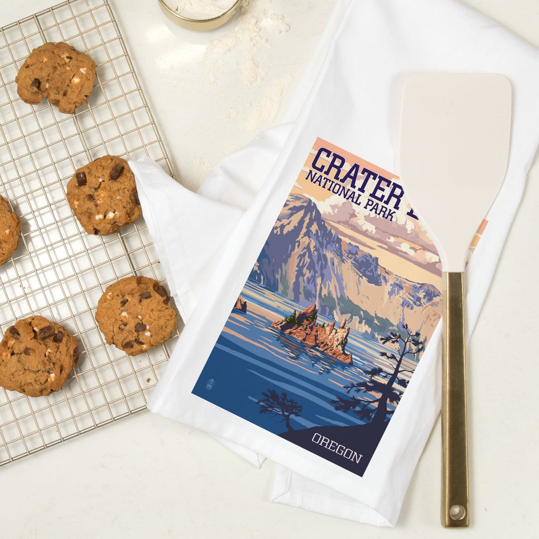 Crater Lake National Park, Oregon, Shoreline and Sunset, Painterly Series, Organic Cotton Kitchen Tea Towels Kitchen Lantern Press 