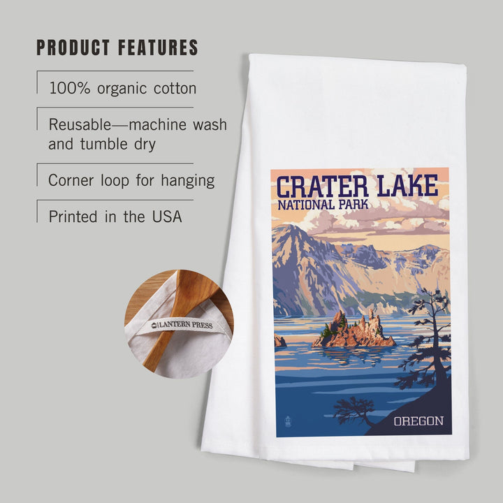 Crater Lake National Park, Oregon, Shoreline and Sunset, Painterly Series, Organic Cotton Kitchen Tea Towels Kitchen Lantern Press 
