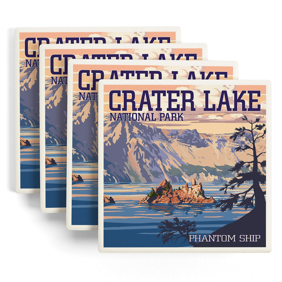 Crater Lake National Park, Oregon, Shoreline & Sunset, Painterly Series, Lantern Press Artwork, Coaster Set - Lantern Press