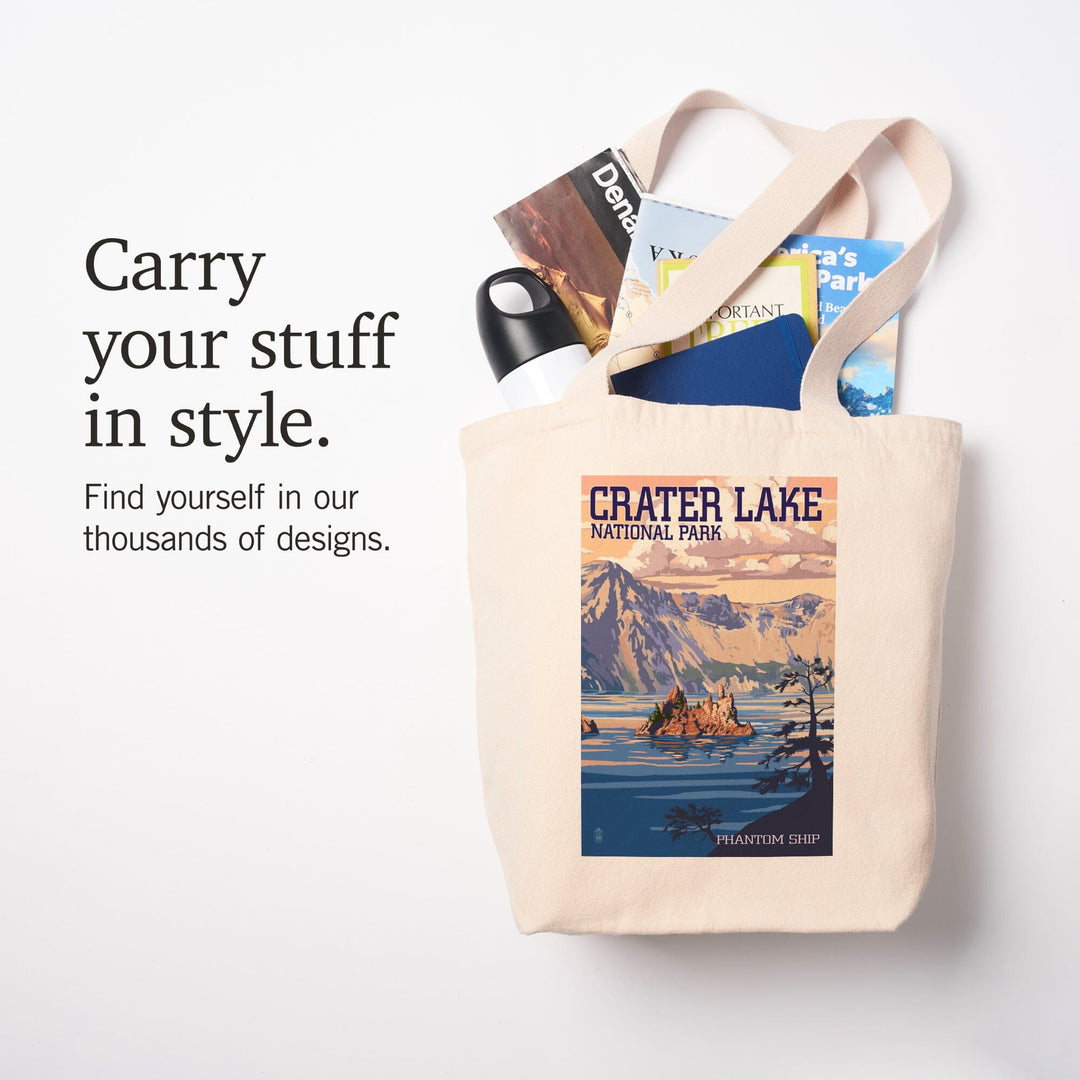 Crater Lake National Park, Oregon, Shoreline & Sunset, Painterly Series, Lantern Press Artwork, Tote Bag Totes Lantern Press 