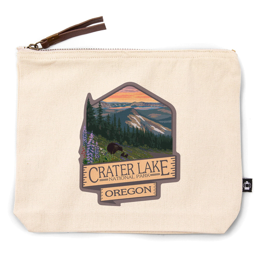 Crater Lake National Park, Oregon, Spring Flowers and Bear Family, Organic Cotton Zipper Pouch, Go Bag Go Bag Lantern Press 