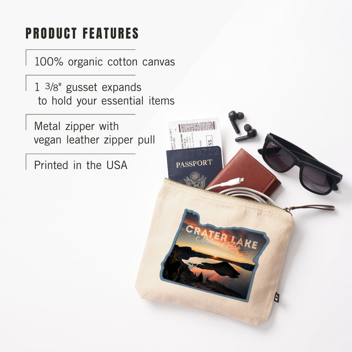 Crater Lake National Park, Oregon, Sunrise and Shadows,, Organic Cotton Zipper Pouch, Go Bag Go Bag Lantern Press 