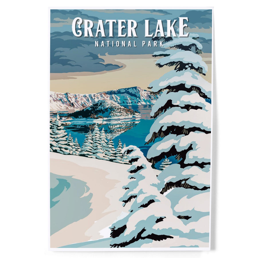 Crater Lake National Park, Oregon, Winter, Painterly National Park Series, Art & Giclee Prints - Lantern Press