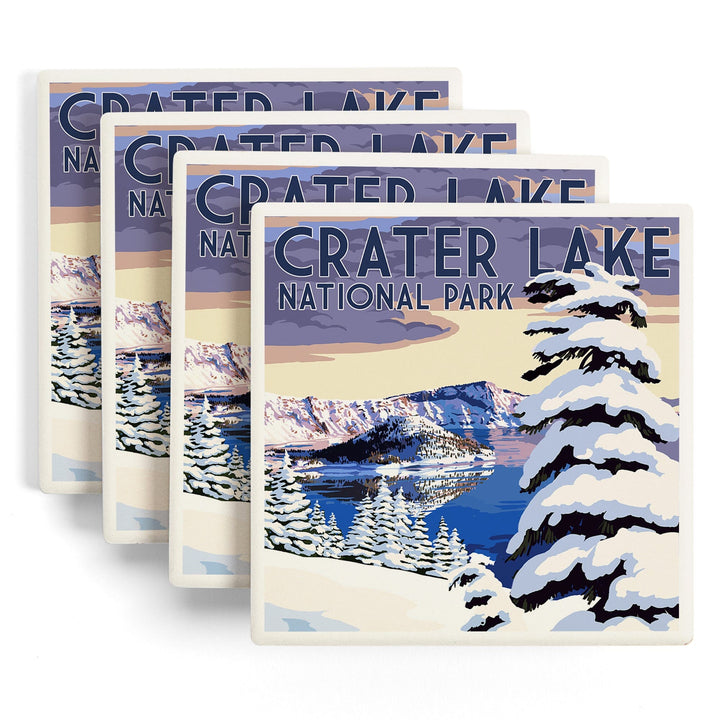 Crater Lake National Park, Oregon, Winter Scene, Painterly National Park Series, Lantern Press Artwork, Coaster Set - Lantern Press