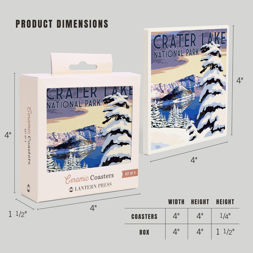 Crater Lake National Park, Oregon, Winter Scene, Painterly National Park Series, Lantern Press Artwork, Coaster Set - Lantern Press