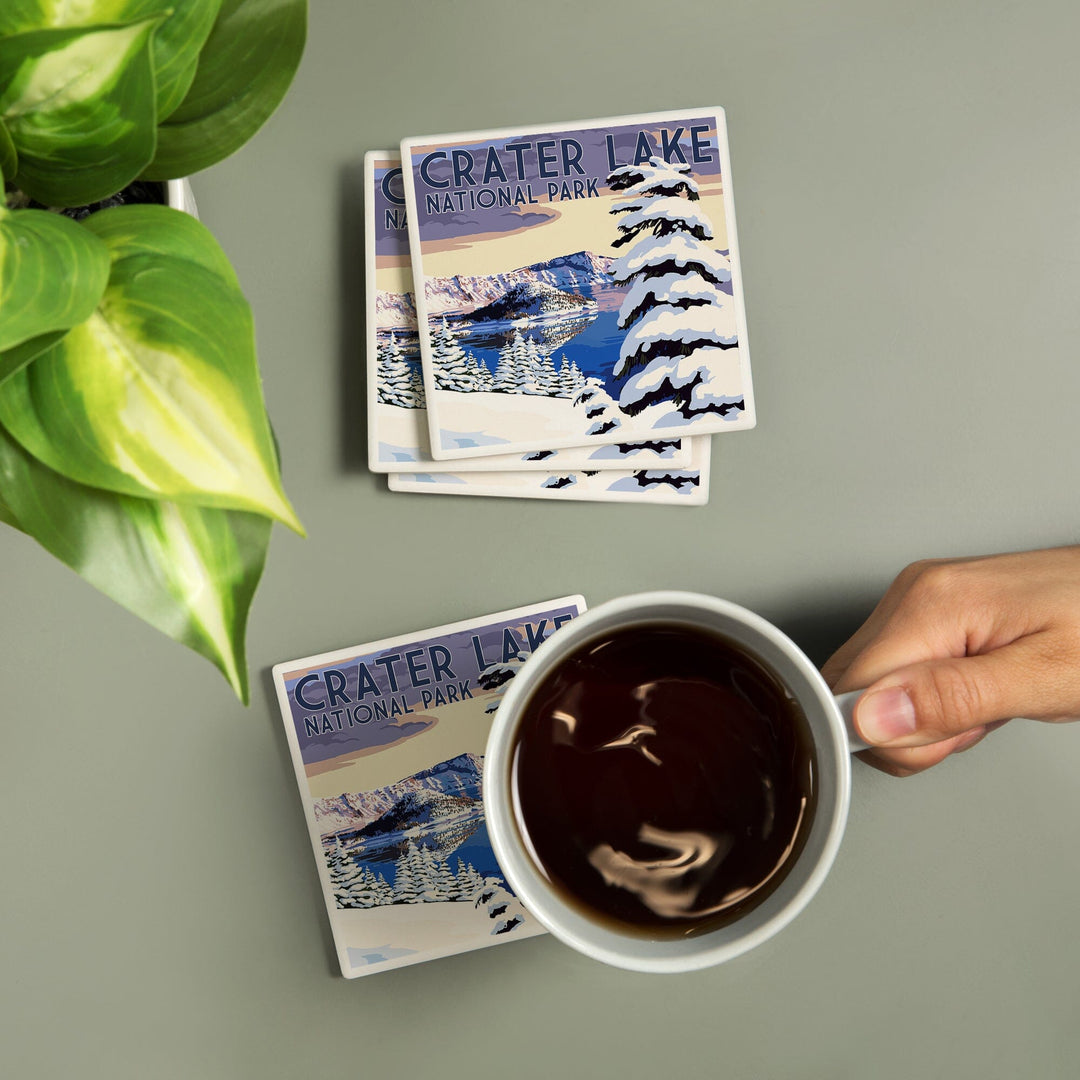 Crater Lake National Park, Oregon, Winter Scene, Painterly Series, Coasters Coasters Lantern Press 