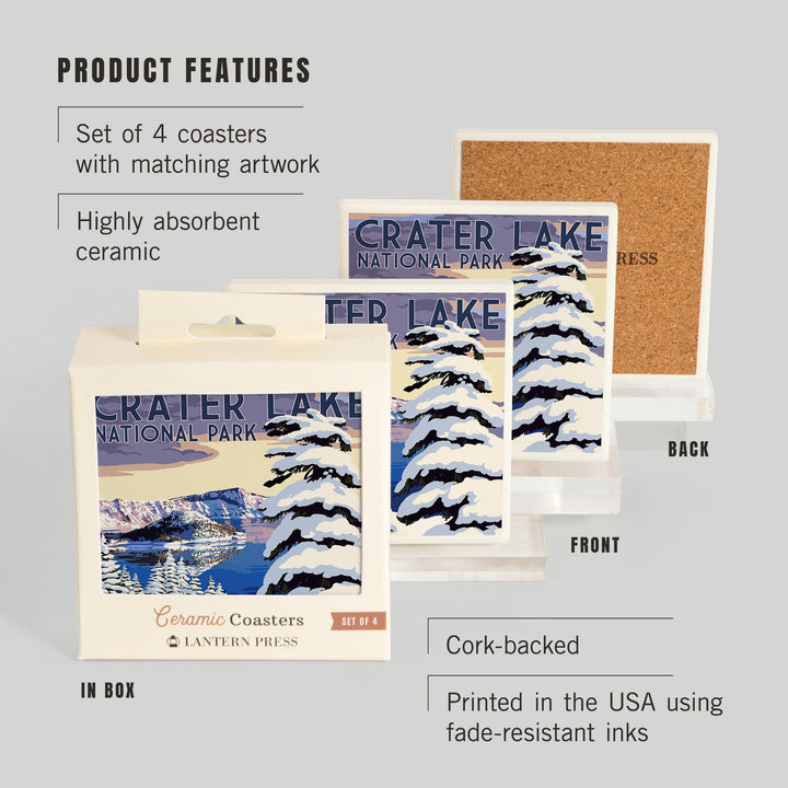 Crater Lake National Park, Oregon, Winter Scene, Painterly Series, Coasters Coasters Lantern Press 