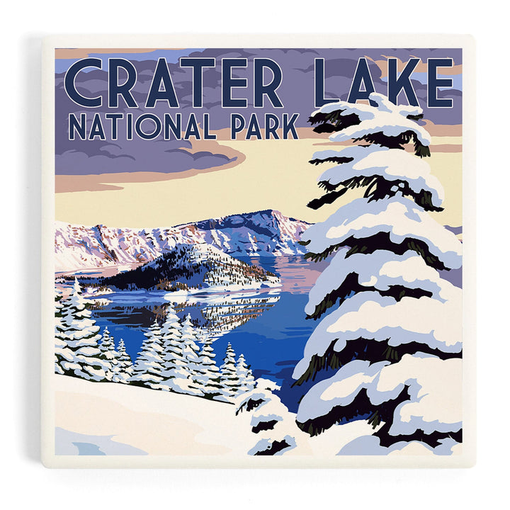 Crater Lake National Park, Oregon, Winter Scene, Painterly Series, Coasters Coasters Lantern Press 
