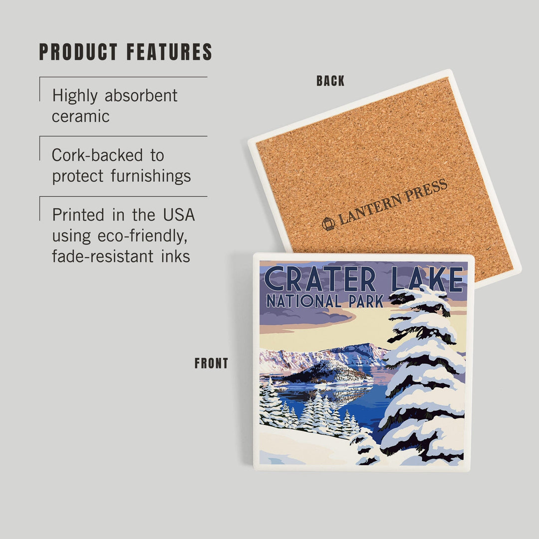 Crater Lake National Park, Oregon, Winter Scene, Painterly Series, Coasters Coasters Lantern Press 
