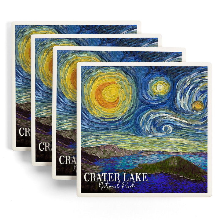 Crater Lake National Park, Starry Night National Park Series, Lantern Press Artwork, Coaster Set - Lantern Press