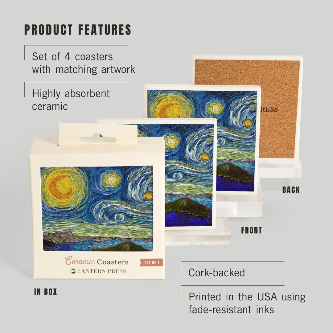 Crater Lake National Park, Starry Night National Park Series, Lantern Press Artwork, Coaster Set - Lantern Press