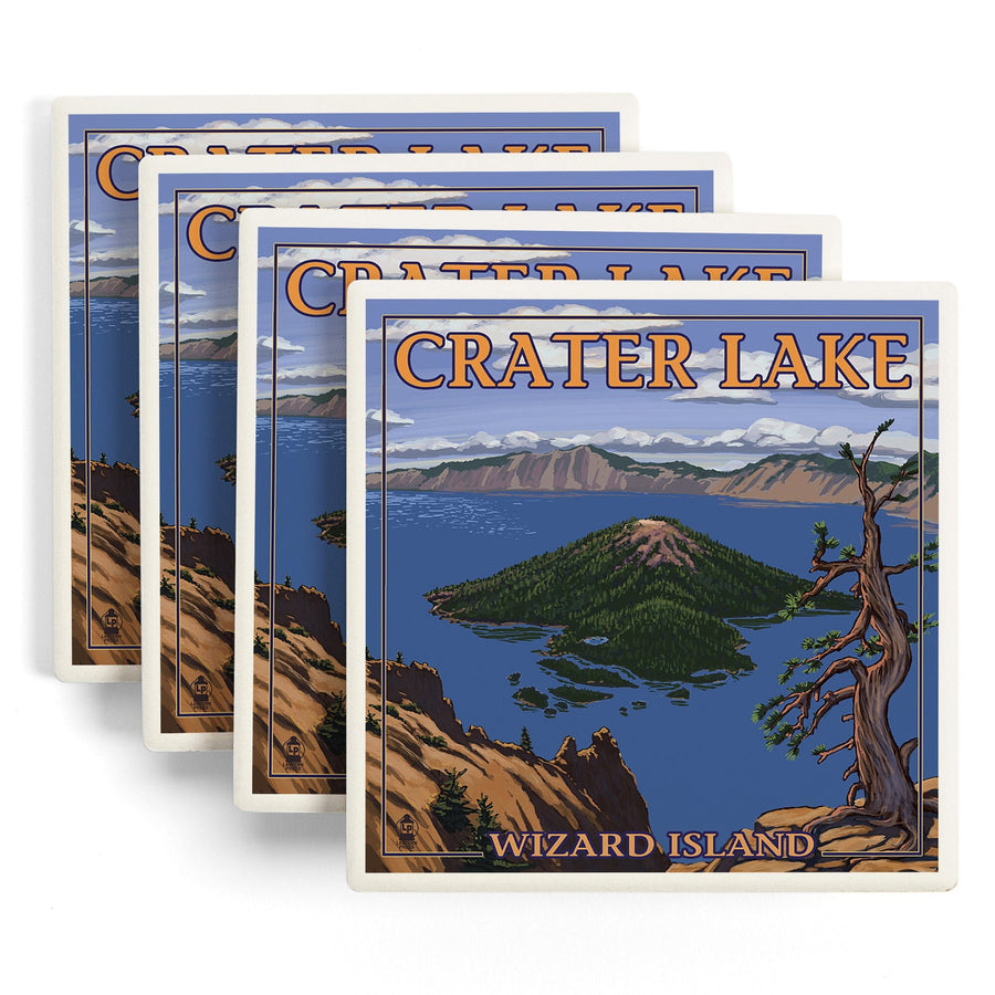 Crater Lake, Oregon, Wizard Island View, Lantern Press Artwork, Coaster Set - Lantern Press