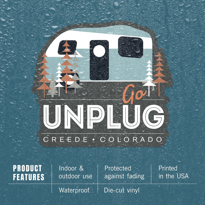 Creede, Colorado, Go Unplug, Retro Camper, Contour, Vinyl Sticker - Lantern Press