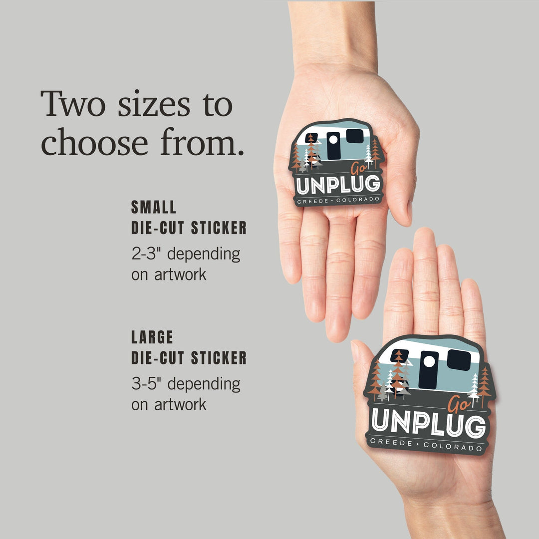 Creede, Colorado, Go Unplug, Retro Camper, Contour, Vinyl Sticker - Lantern Press