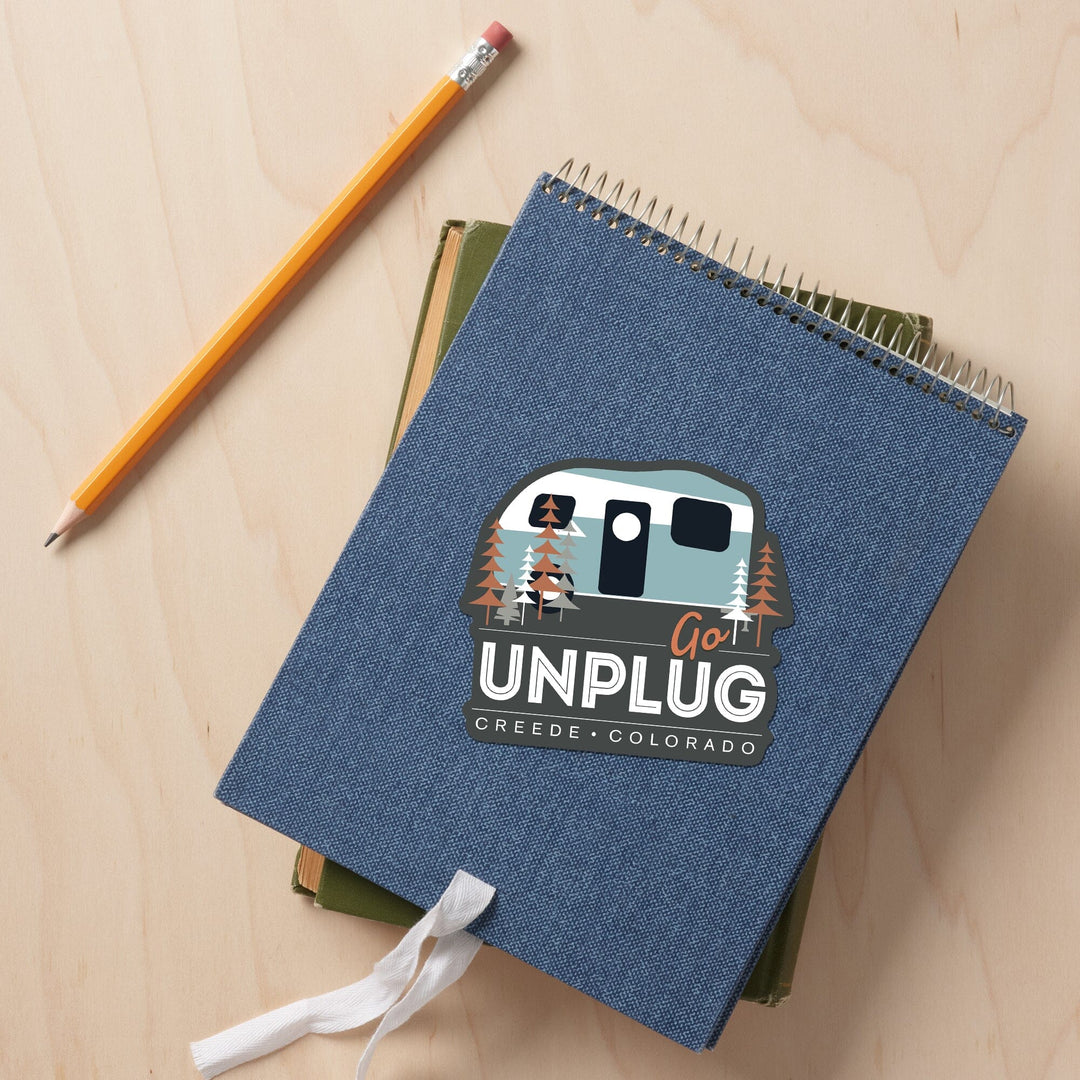 Creede, Colorado, Go Unplug, Retro Camper, Contour, Vinyl Sticker - Lantern Press