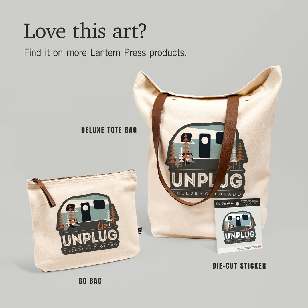 Creede, Colorado, Go Unplug, Retro Camper, Contour, Vinyl Sticker - Lantern Press