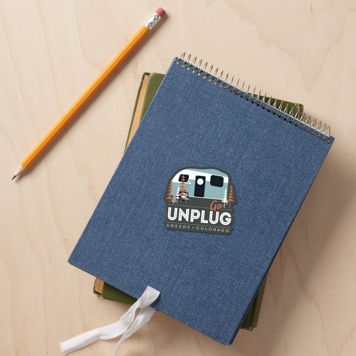 Creede, Colorado, Go Unplug, Retro Camper, Contour, Vinyl Sticker - Lantern Press