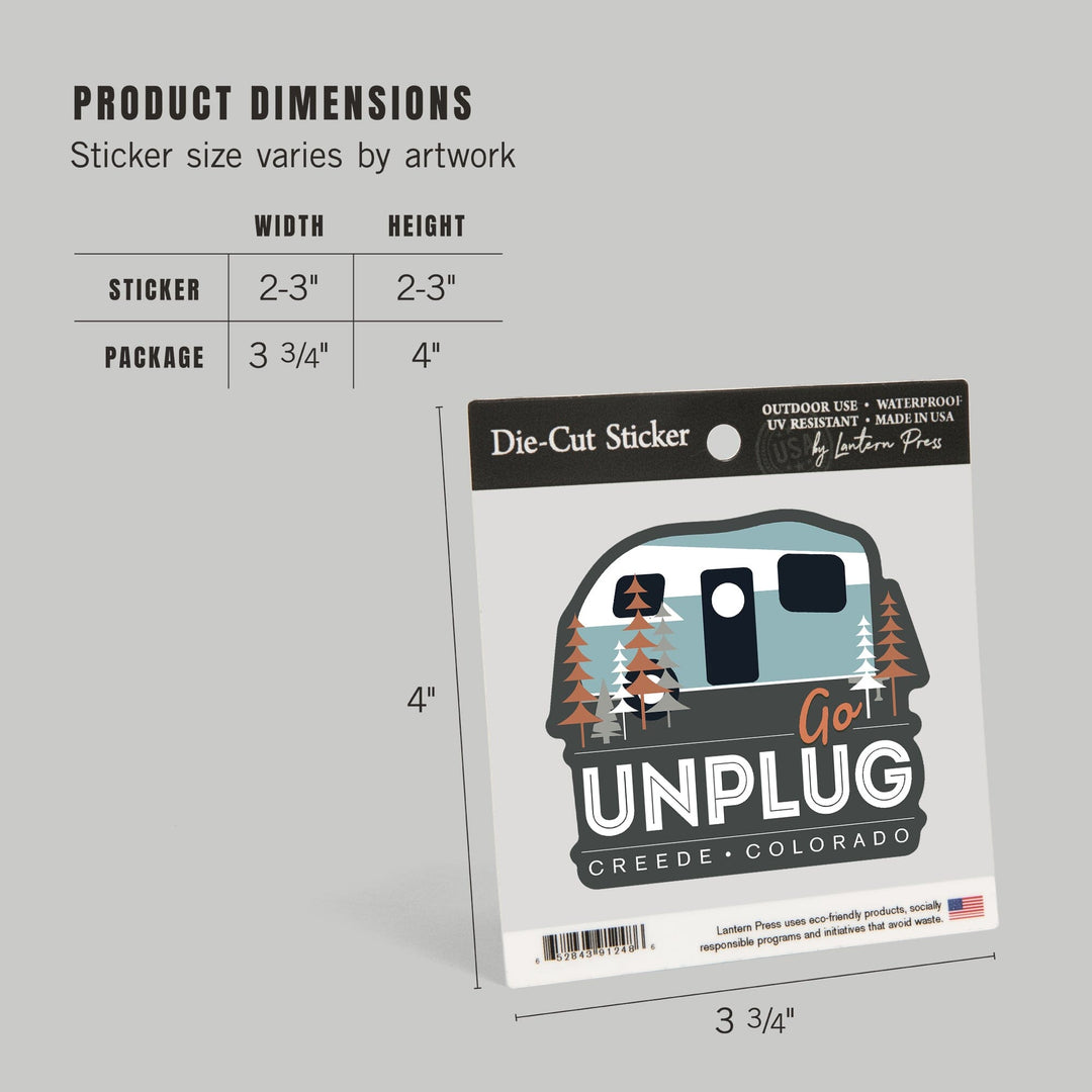 Creede, Colorado, Go Unplug, Retro Camper, Contour, Vinyl Sticker - Lantern Press