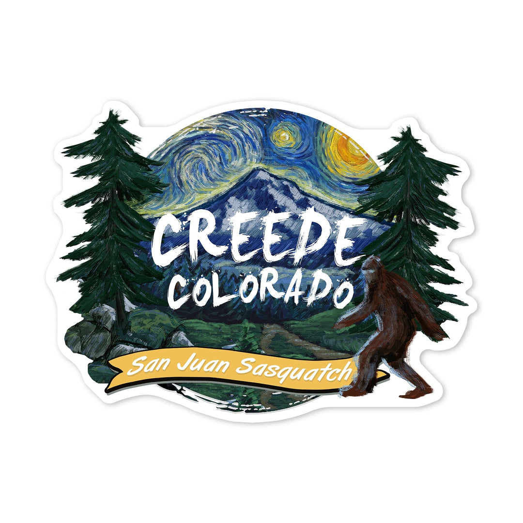 Creede, Colorado, Starry Night, San Juan Sasquatch, Contour, Vinyl Sticker Sticker Lantern Press 