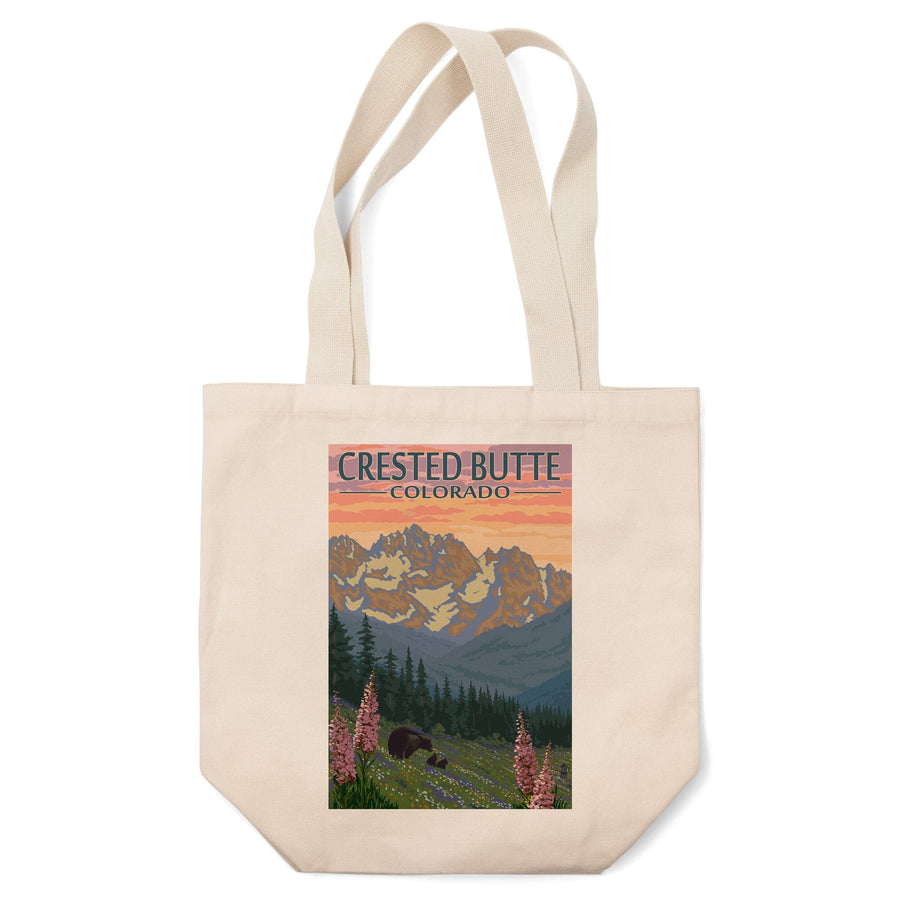 Crested Butte, Colorado, Bear and Cubs with Flowers, Lantern Press Artwork, Tote Bag Totes Lantern Press 