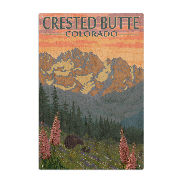 Crested Butte, Colorado, Bear and Cubs with Flowers, Lantern Press Artwork, Wood Signs and Postcards Wood Lantern Press 10 x 15 Wood Sign 