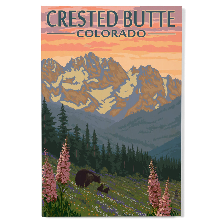 Crested Butte, Colorado, Bear and Cubs with Flowers, Lantern Press Artwork, Wood Signs and Postcards Wood Lantern Press 