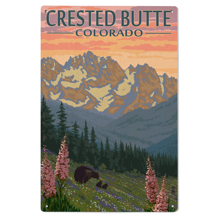 Crested Butte, Colorado, Bear and Cubs with Flowers, Lantern Press Artwork, Wood Signs and Postcards Wood Lantern Press 