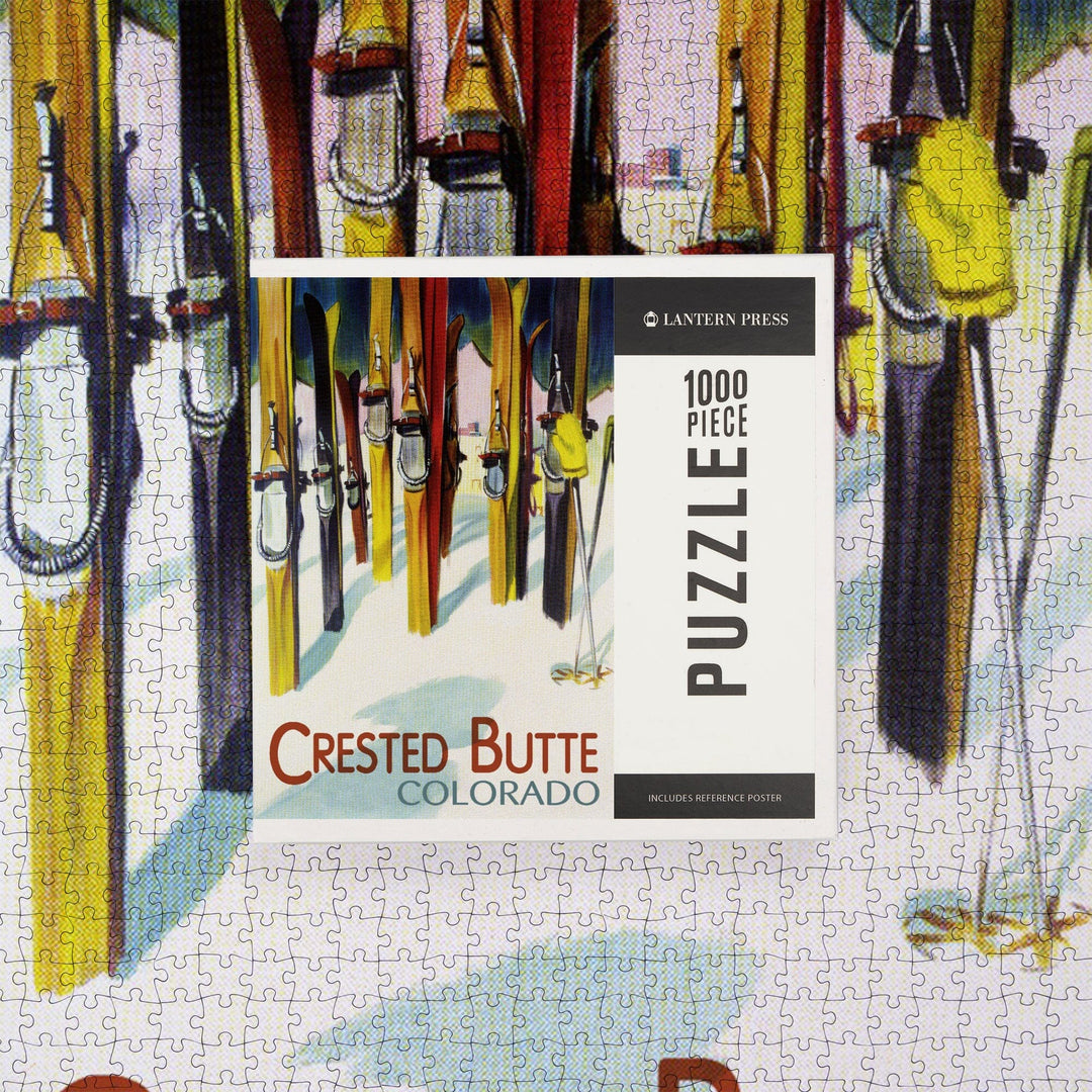Crested Butte, Colorado, Colorful Skis, V2, Jigsaw Puzzle Puzzle Lantern Press 