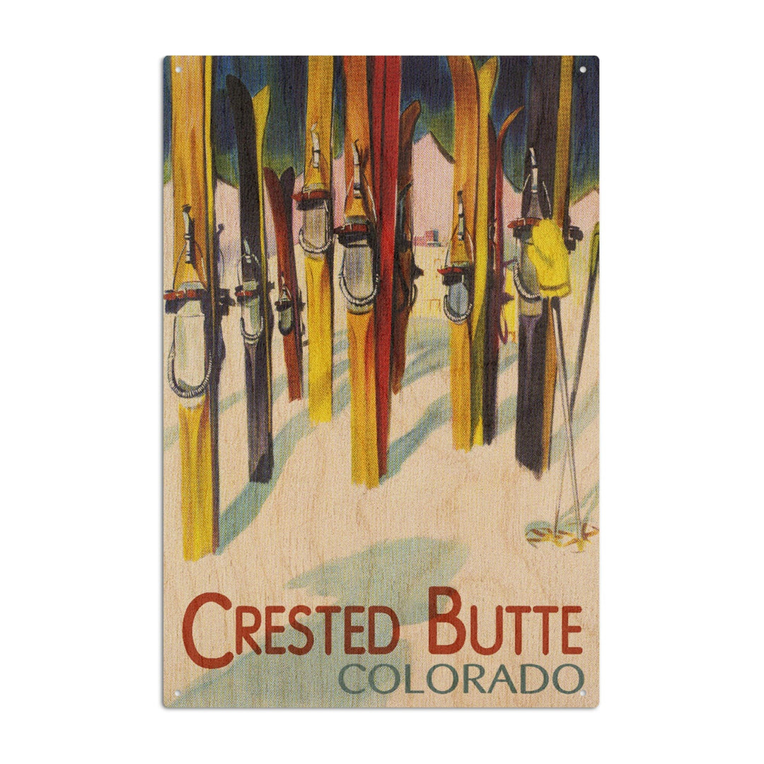 Crested Butte, Colorado, Colorful Skis, V2, Lantern Press Artwork, Wood Signs and Postcards Wood Lantern Press 10 x 15 Wood Sign 
