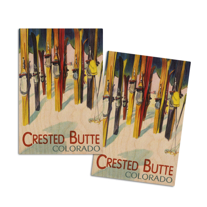 Crested Butte, Colorado, Colorful Skis, V2, Lantern Press Artwork, Wood Signs and Postcards Wood Lantern Press 4x6 Wood Postcard Set 