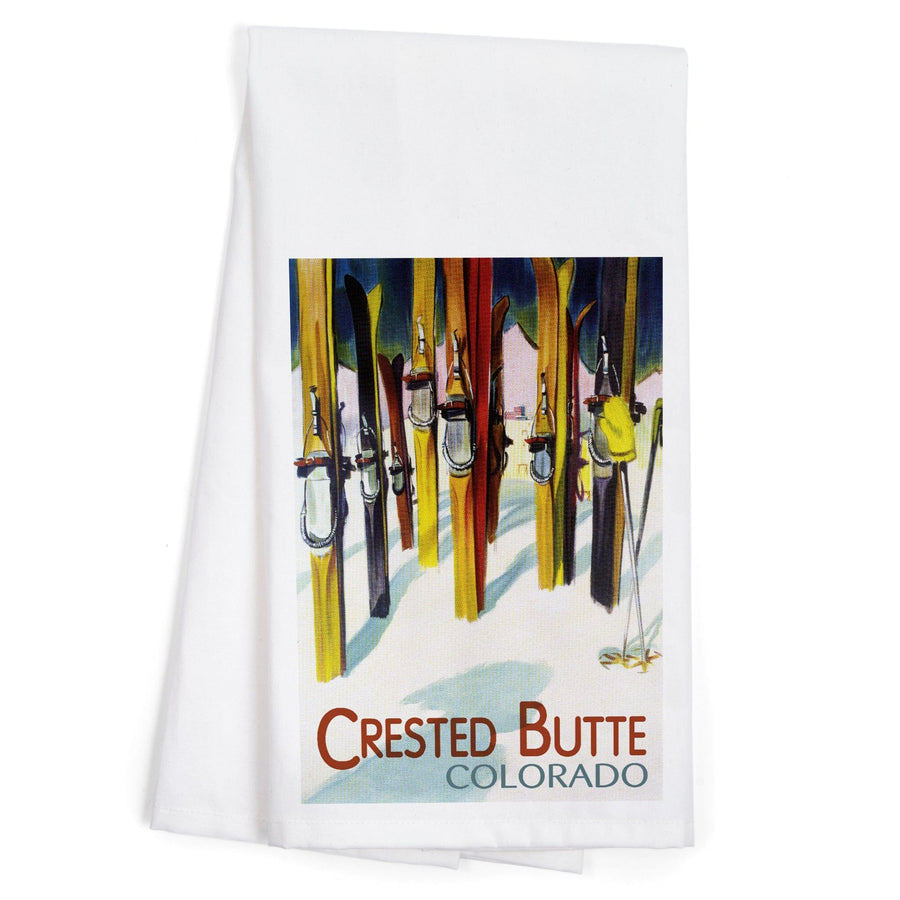 Crested Butte, Colorado, Colorful Skis, V2, Organic Cotton Kitchen Tea Towels Kitchen Lantern Press 