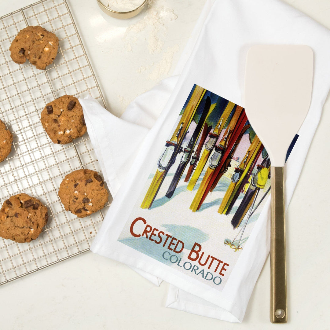 Crested Butte, Colorado, Colorful Skis, V2, Organic Cotton Kitchen Tea Towels Kitchen Lantern Press 