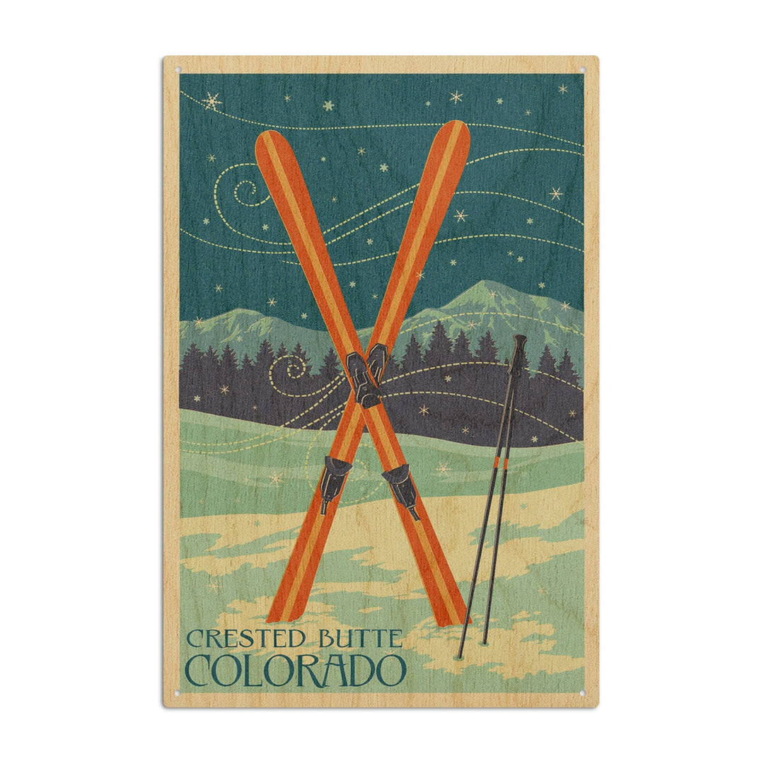 Crested Butte, Colorado, Crossed Skis, Letterpress, Lantern Press Artwork, Wood Signs and Postcards Wood Lantern Press 10 x 15 Wood Sign 