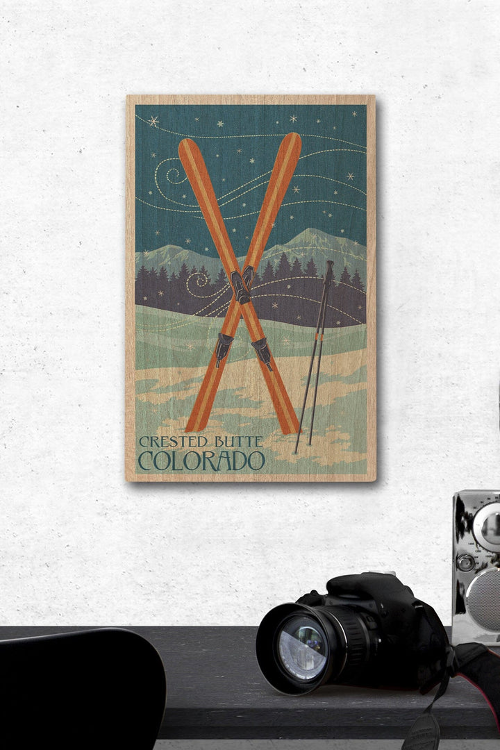 Crested Butte, Colorado, Crossed Skis, Letterpress, Lantern Press Artwork, Wood Signs and Postcards Wood Lantern Press 12 x 18 Wood Gallery Print 