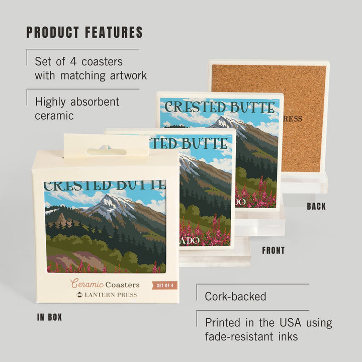 Crested Butte, Colorado, Fireweed & Mountain, Lantern Press Artwork, Coaster Set - Lantern Press