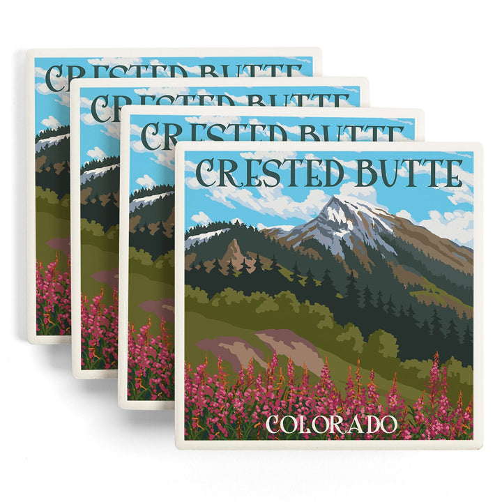 Crested Butte, Colorado, Fireweed & Mountain, Lantern Press Artwork, Coaster Set - Lantern Press