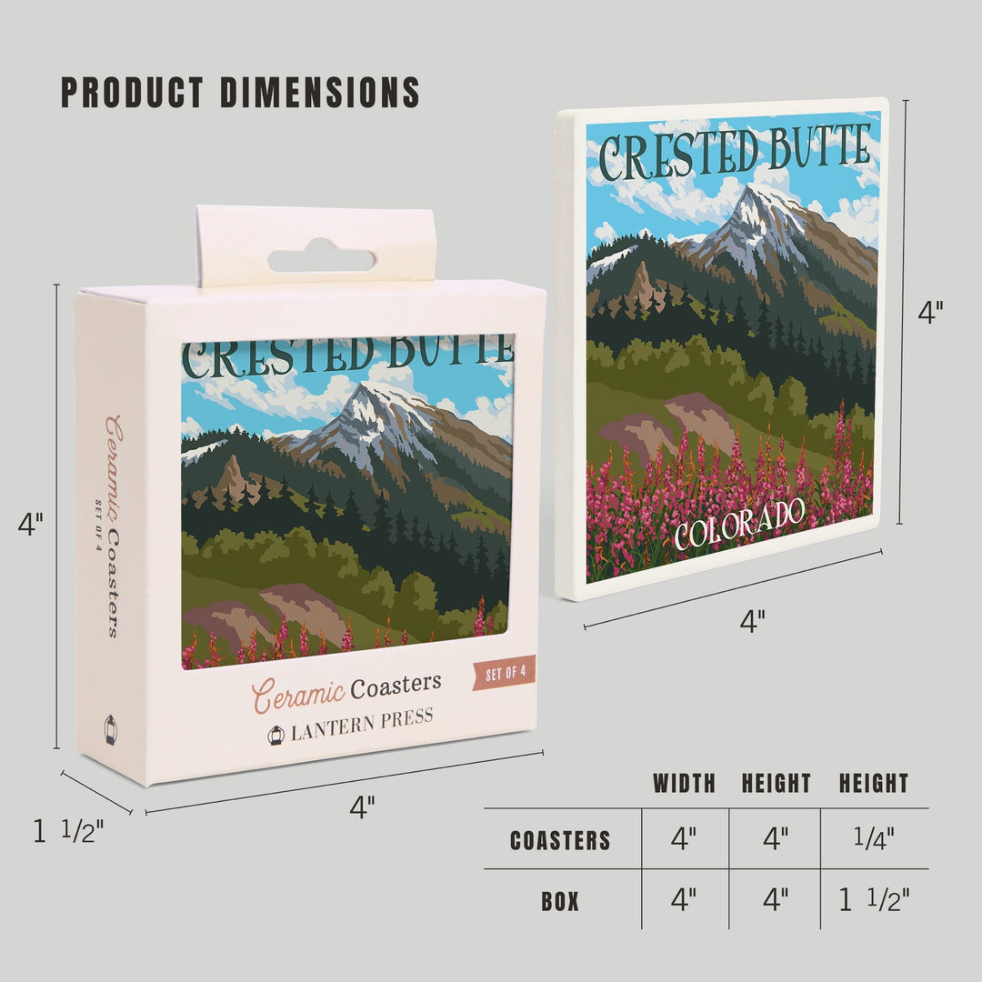 Crested Butte, Colorado, Fireweed & Mountain, Lantern Press Artwork, Coaster Set - Lantern Press