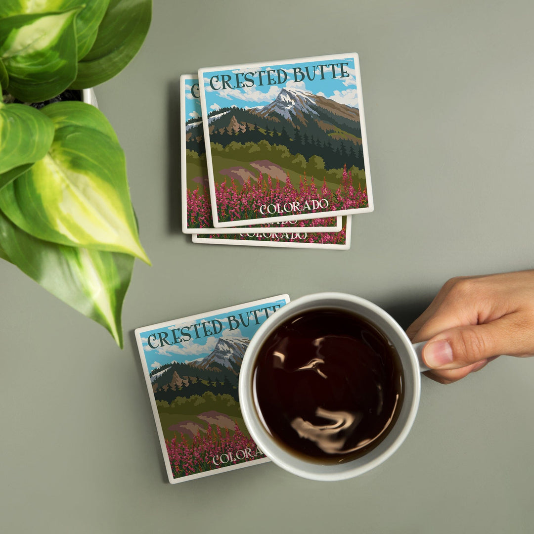 Crested Butte, Colorado, Fireweed & Mountain, Lantern Press Artwork, Coaster Set - Lantern Press